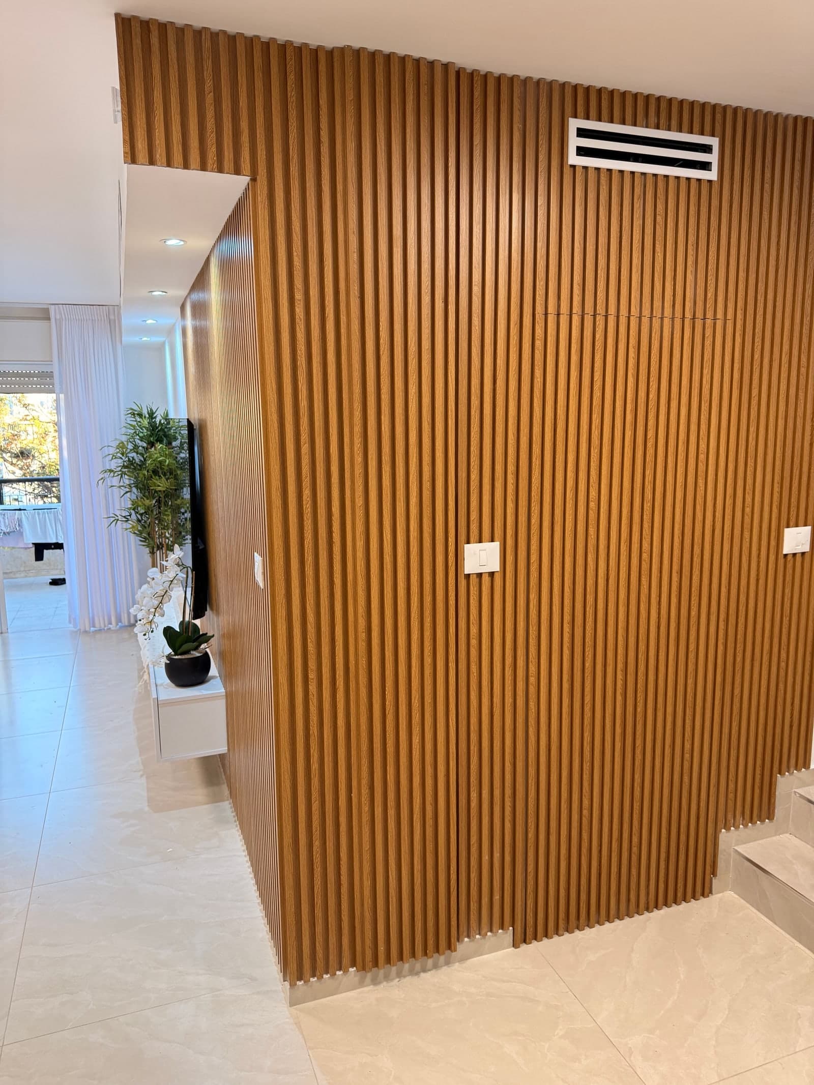 קיר טלוויזיה ומבואה עם סרגלים בגוון אגוז ברזיל - תמונה 02